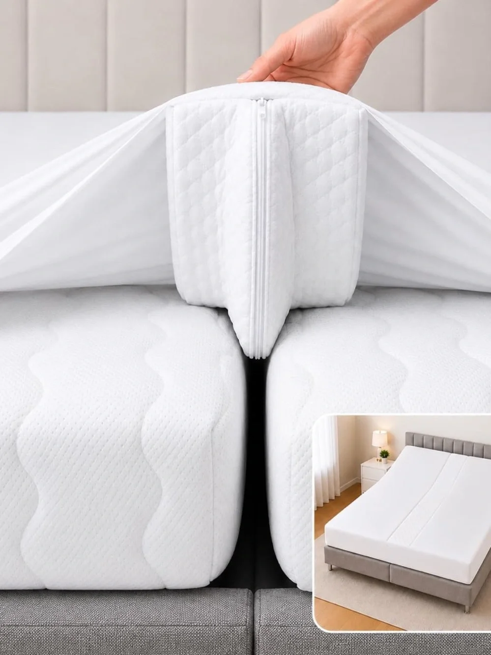 White Mattress Topper Zipper Connector - Twin to King Bridge